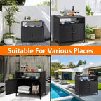 Mobile Contenitore da Esterno in Vimini con Ripiano, Tavolo Bar da Patio a 2 Ante, Rattan PE per Tutte le Staglie e Acciaio Verniciato a Polvere, Organizzatore per Giardino/Piscina
