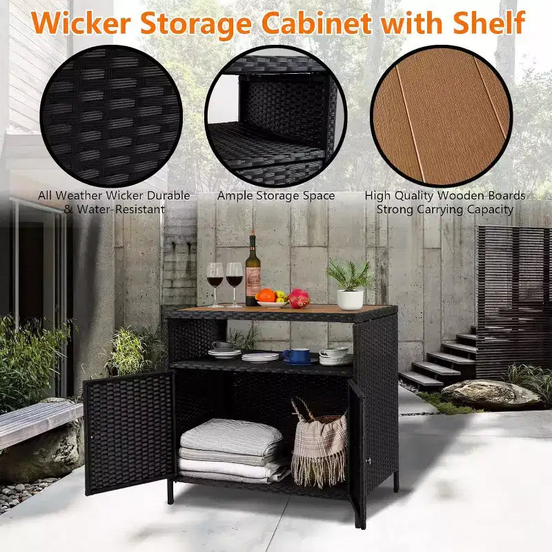 Mobile Contenitore da Esterno in Vimini con Ripiano, Tavolo Bar da Patio a 2 Ante, Rattan PE per Tutte le Staglie e Acciaio Verniciato a Polvere, Organizzatore per Giardino/Piscina