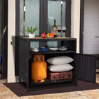 Mobile Contenitore da Esterno in Vimini con Ripiano, Tavolo Bar da Patio a 2 Ante, Rattan PE per Tutte le Staglie e Acciaio Verniciato a Polvere, Organizzatore per Giardino/Piscina