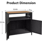 Mobile Contenitore da Esterno in Vimini con Ripiano, Tavolo Bar da Patio a 2 Ante, Rattan PE per Tutte le Staglie e Acciaio Verniciato a Polvere, Organizzatore per Giardino/Piscina