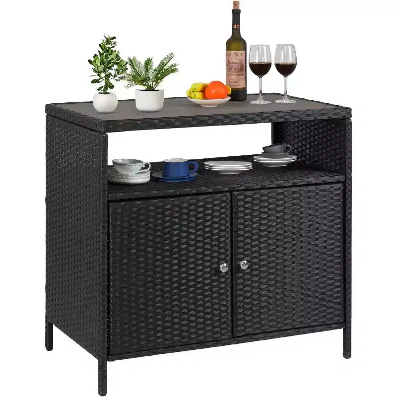 Mobile Contenitore da Esterno in Vimini con Ripiano, Tavolo Bar da Patio a 2 Ante, Rattan PE per Tutte le Staglie e Acciaio Verniciato a Polvere, Organizzatore per Giardino/Piscina
