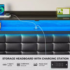 Letto Imbottito Matrimoniale Francese Nero, Strisce LED Dimmerabili, Stazione di Ricarica USB, Testiera Contenitore e 2 Cassetti, Resistente, Facile da Montare