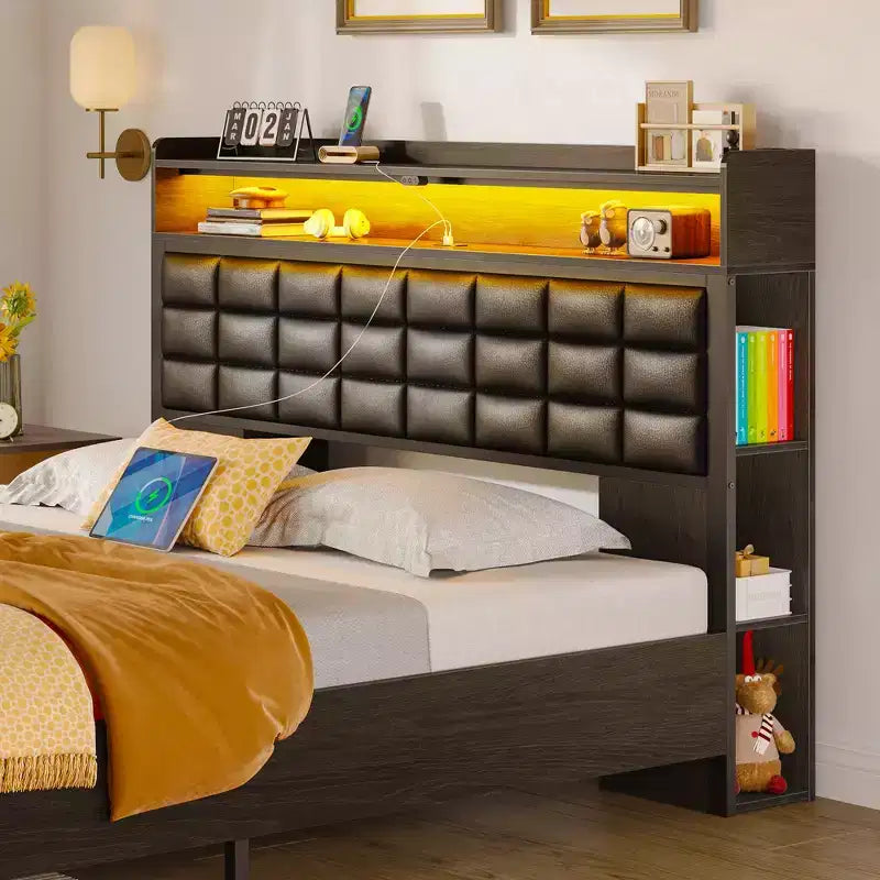 Letto Imbottito Matrimoniale Francese Nero, Strisce LED Dimmerabili, Stazione di Ricarica USB, Testiera Contenitore e 2 Cassetti, Resistente, Facile da Montare