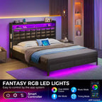 Letto Imbottito Matrimoniale Francese Nero, Strisce LED Dimmerabili, Stazione di Ricarica USB, Testiera Contenitore e 2 Cassetti, Resistente, Facile da Montare