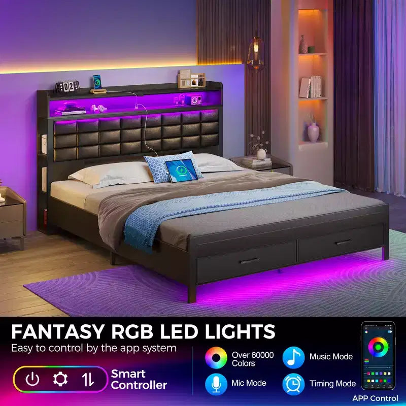 Letto Imbottito Matrimoniale Francese Nero, Strisce LED Dimmerabili, Stazione di Ricarica USB, Testiera Contenitore e 2 Cassetti, Resistente, Facile da Montare