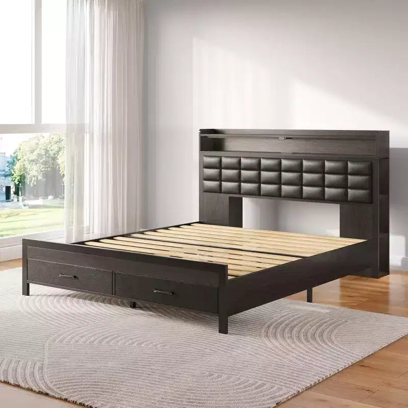 Letto Imbottito Matrimoniale Francese Nero, Strisce LED Dimmerabili, Stazione di Ricarica USB, Testiera Contenitore e 2 Cassetti, Resistente, Facile da Montare