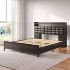 Letto Imbottito Matrimoniale Francese Nero, Strisce LED Dimmerabili, Stazione di Ricarica USB, Testiera Contenitore e 2 Cassetti, Resistente, Facile da Montare