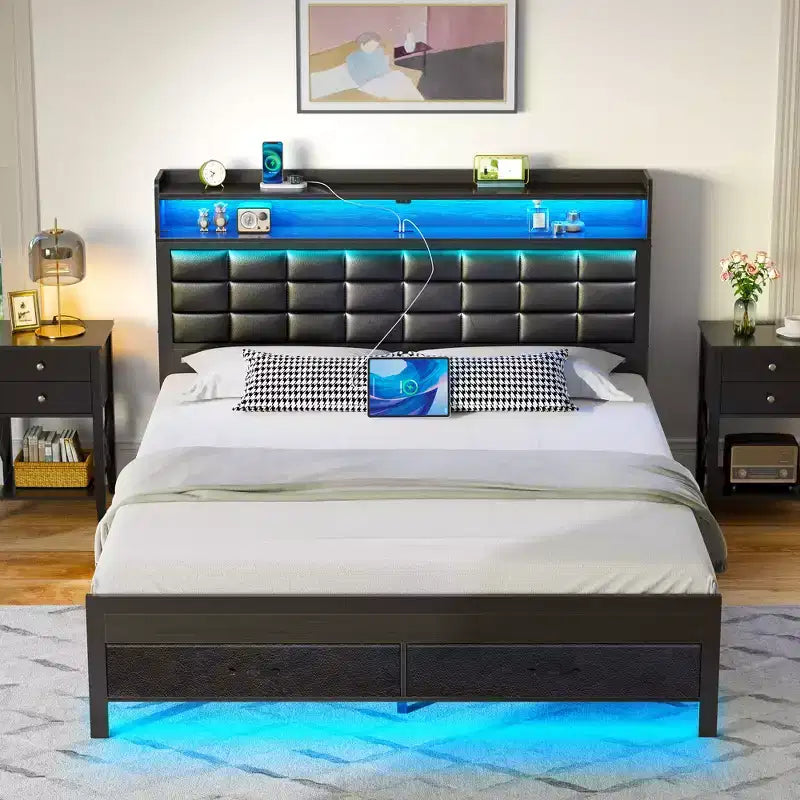 Letto Imbottito Matrimoniale Francese Nero, Strisce LED Dimmerabili, Stazione di Ricarica USB, Testiera Contenitore e 2 Cassetti, Resistente, Facile da Montare