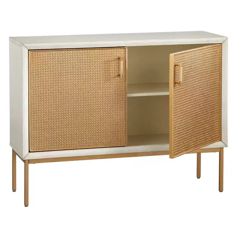 Lati Rattan Door Buffet Bianco Antico/Naturale: Credenza Stile Glam, Ripiani Regolabili