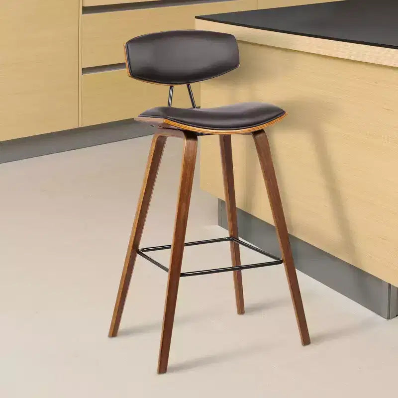 Sgabello da bar Fox Mid-Century in ecopelle con legno spazzolato, altezza bar, 28,5 pollici