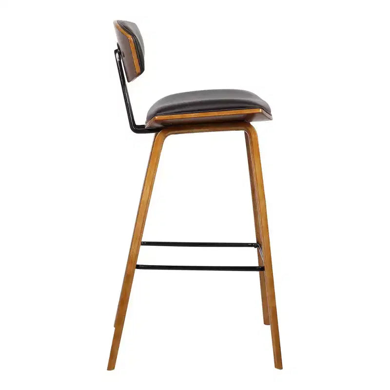 Sgabello da bar Fox Mid-Century in ecopelle con legno spazzolato, altezza bar, 28,5 pollici