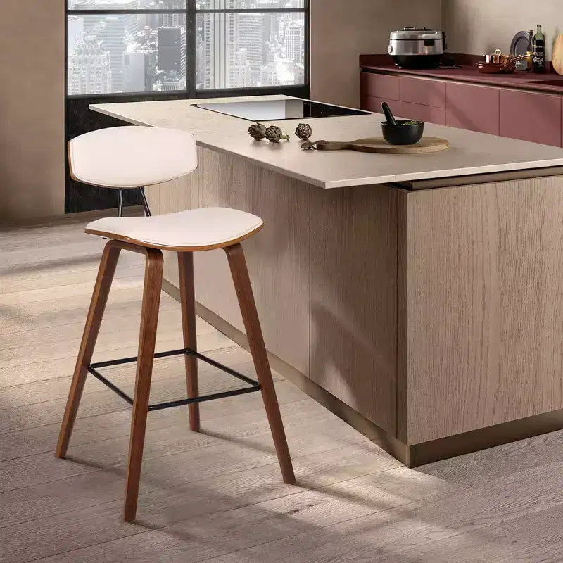 Sgabello da bar Fox Mid-Century in ecopelle con legno spazzolato, altezza bar, 28,5 pollici