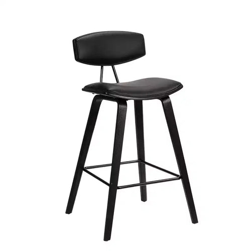 Sgabello da bar Fox Mid-Century in ecopelle con legno spazzolato, altezza bar, 28,5 pollici