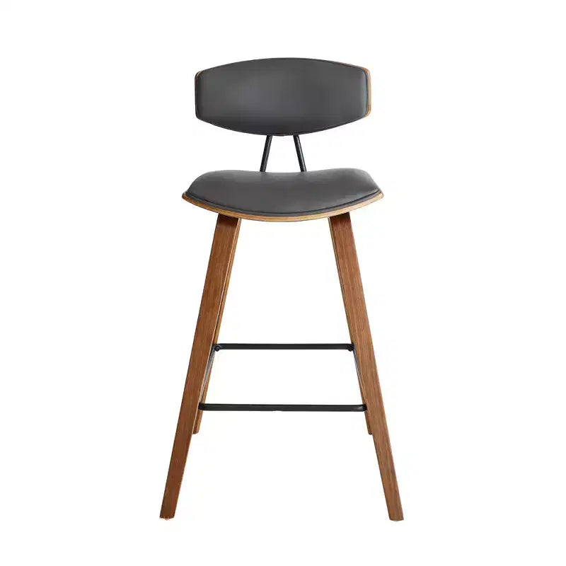 Sgabello da bar Fox Mid-Century in ecopelle con legno spazzolato, altezza bar, 28,5 pollici