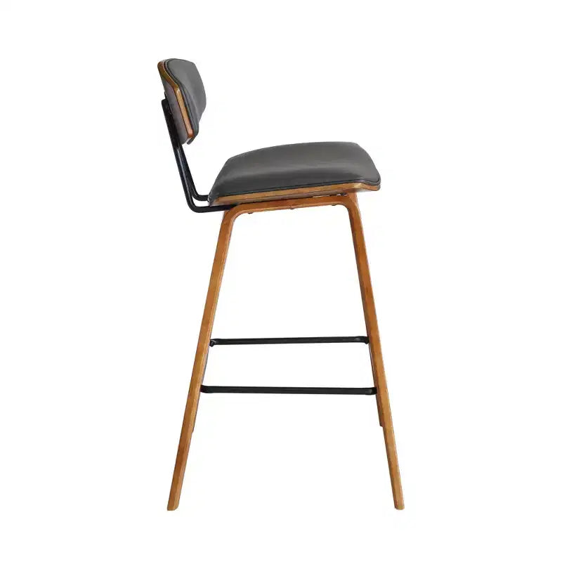 Sgabello da bar Fox Mid-Century in ecopelle con legno spazzolato, altezza bar, 28,5 pollici
