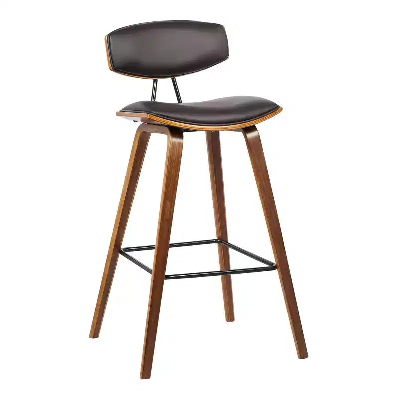 Sgabello da bar Fox Mid-Century in ecopelle con legno spazzolato, altezza bar, 28,5 pollici