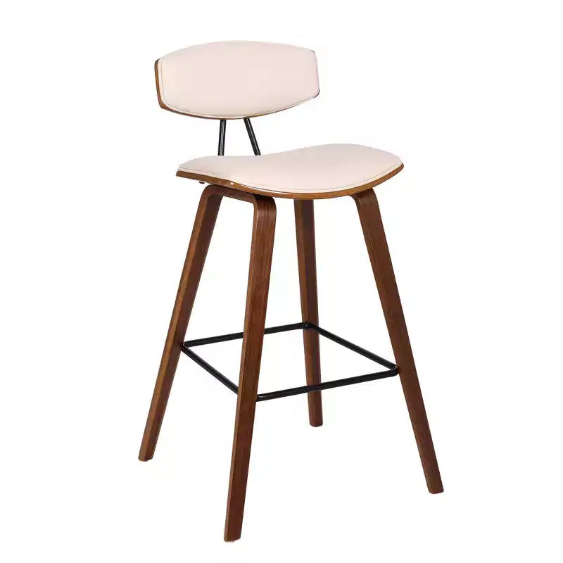 Sgabello da bar Fox Mid-Century in ecopelle con legno spazzolato, altezza bar, 28,5 pollici