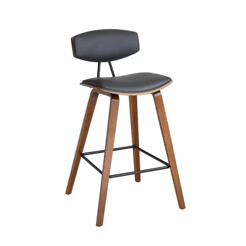 Sgabello da bar Fox Mid-Century in ecopelle con legno spazzolato, altezza bar, 28,5 pollici