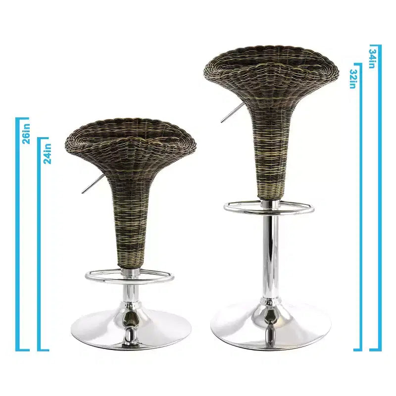 Sgabello da bar regolabile in 2 pezzi in rattan marrone con base cromata