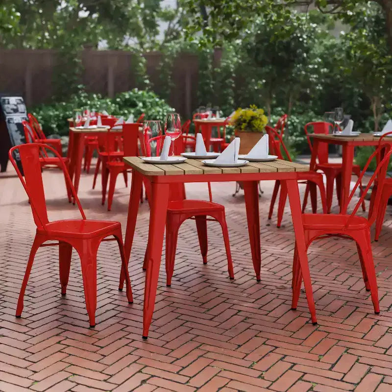 Tavolo da pranzo per interni/esterni di livello commerciale, piano quadrato da 80 cm in poliresina per tutte le stagioni con base in acciaio