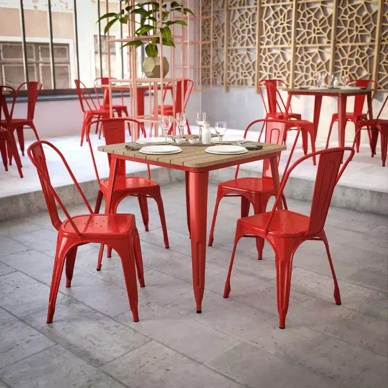 Tavolo da pranzo per interni/esterni di livello commerciale, piano quadrato da 80 cm in poliresina per tutte le stagioni con base in acciaio