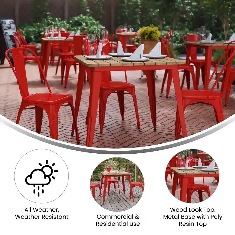 Tavolo da pranzo per interni/esterni di livello commerciale, piano quadrato da 80 cm in poliresina per tutte le stagioni con base in acciaio