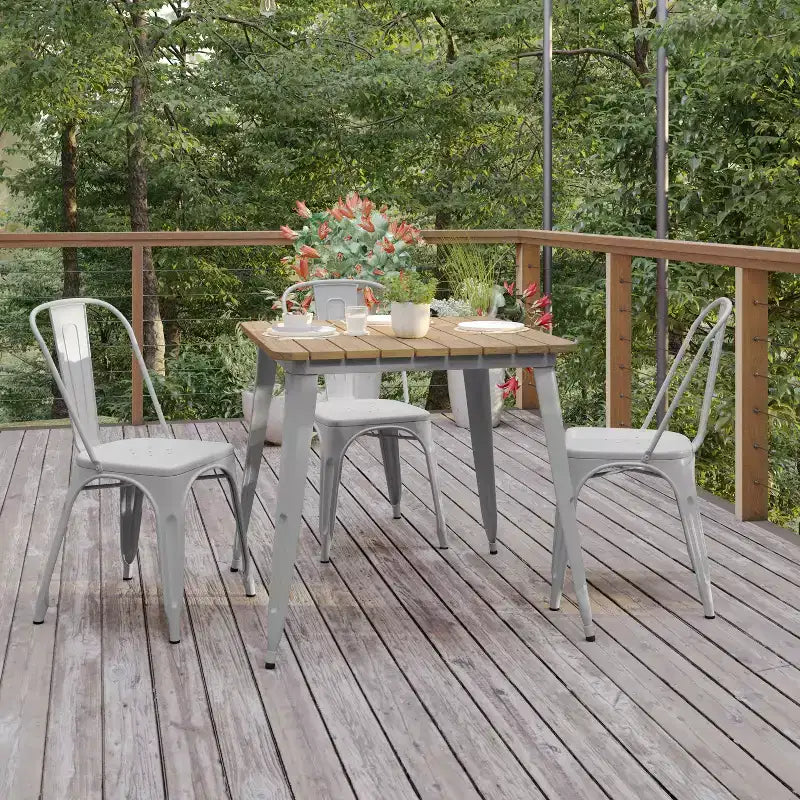 Tavolo da pranzo per interni/esterni di livello commerciale, piano quadrato da 80 cm in poliresina per tutte le stagioni con base in acciaio
