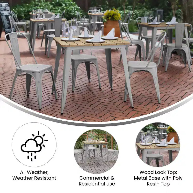 Tavolo da pranzo per interni/esterni di livello commerciale, piano quadrato da 80 cm in poliresina per tutte le stagioni con base in acciaio