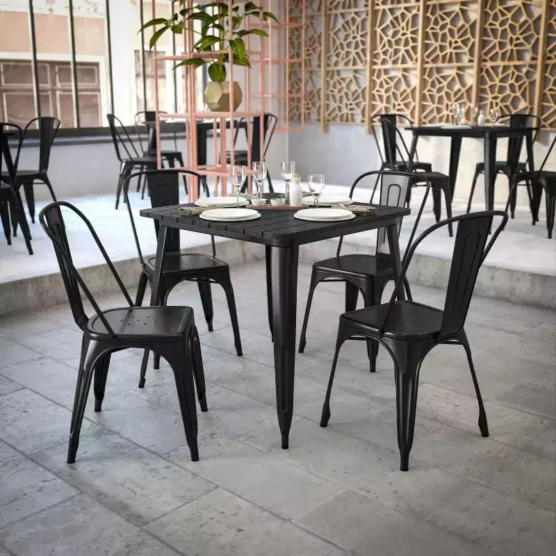 Tavolo da pranzo per interni/esterni di livello commerciale, piano quadrato da 80 cm in poliresina per tutte le stagioni con base in acciaio