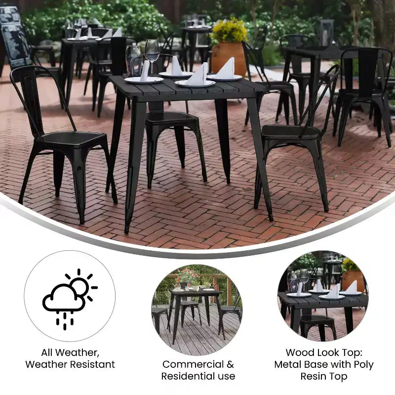Tavolo da pranzo per interni/esterni di livello commerciale, piano quadrato da 80 cm in poliresina per tutte le stagioni con base in acciaio