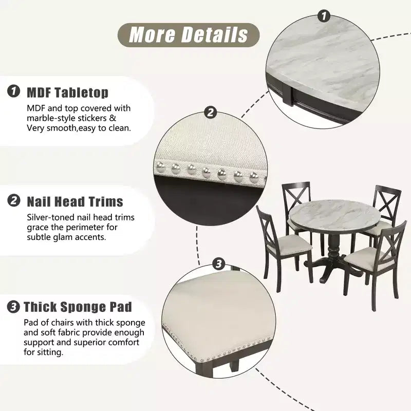 Set da pranzo 5 pezzi con tavolo in legno massello e 4 sedie, grigio