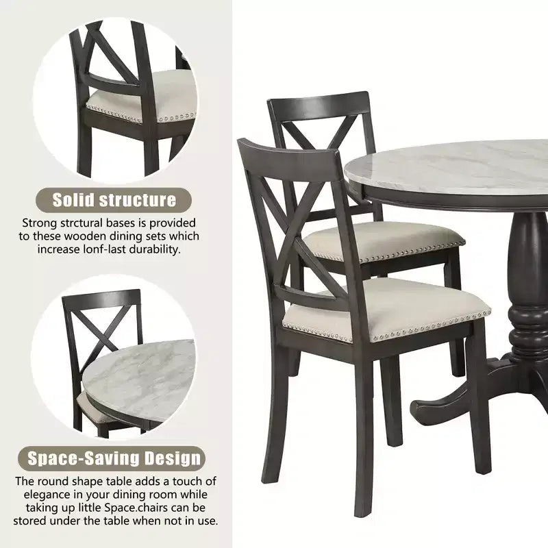 Set da pranzo 5 pezzi con tavolo in legno massello e 4 sedie, grigio