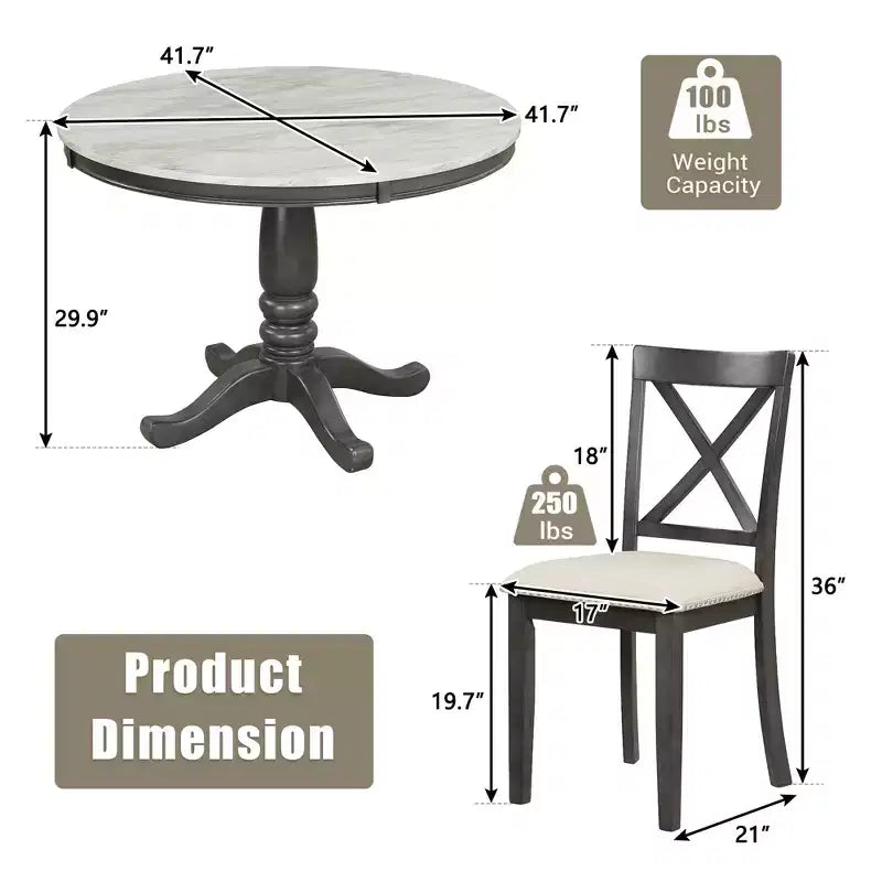 Set da pranzo 5 pezzi con tavolo in legno massello e 4 sedie, grigio